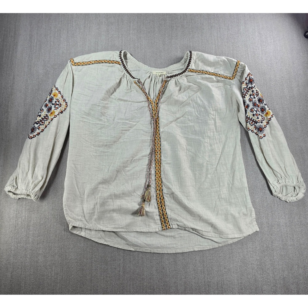 Max Studio Blouse Women XL Beige Embroidered Boho Tassel Tie V-Neck‎ Peasant Top